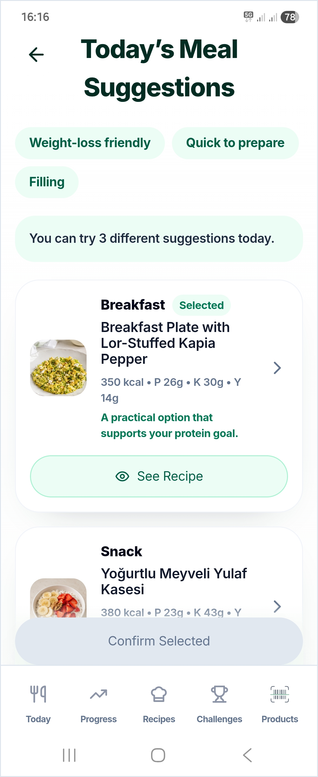 Calio meal suggestions screenshot
